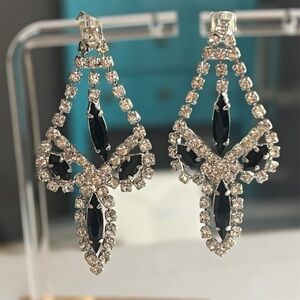 Elegant Rhinestone Black and Silver Dressy Earrings Pierced Ears